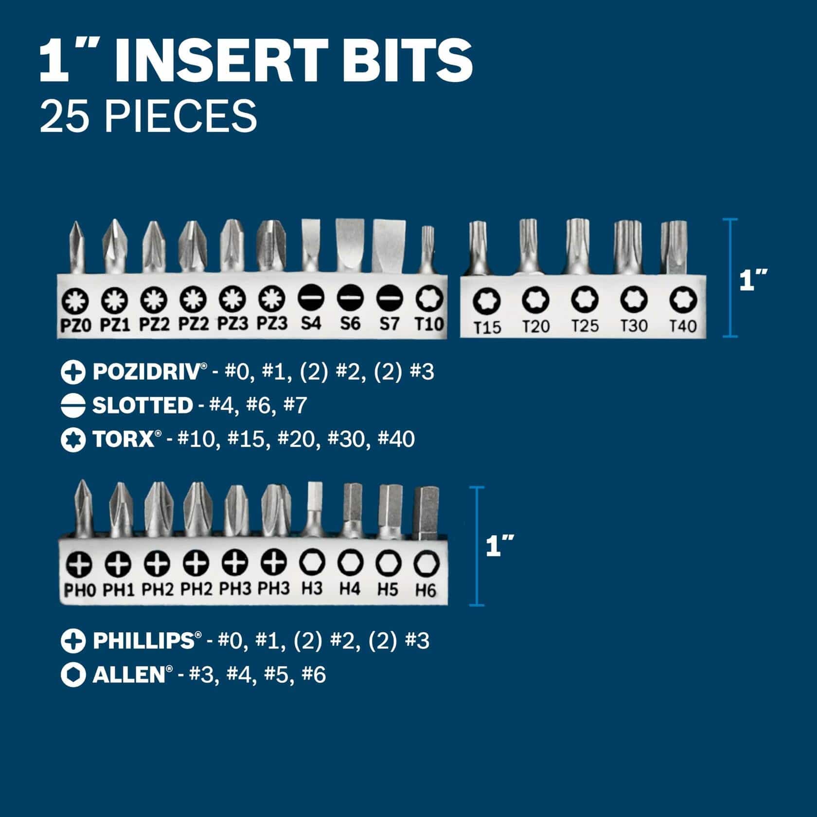 A close-up view of 25 one-inch insert driver bits, including POZIDRIV, SLOTTED, TORX, PHILLIPS, and ALLEN types, with their size labels below.