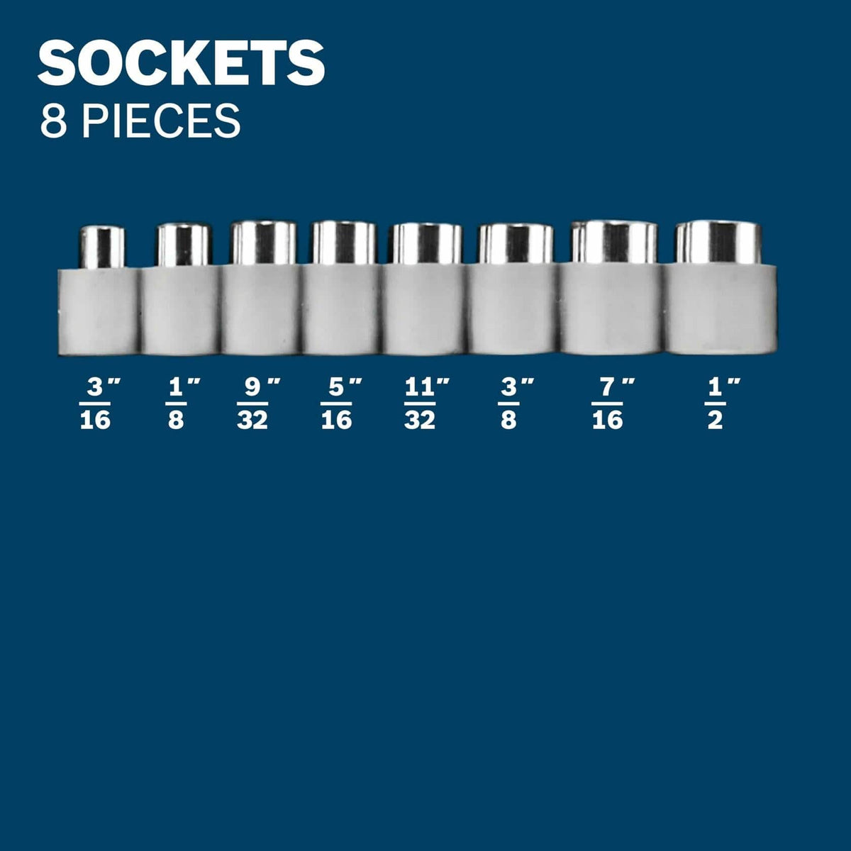 A close-up view of eight sockets in various fractional SAE sizes, from $3/16$ inch to $1/2$ inch, included in the kit.