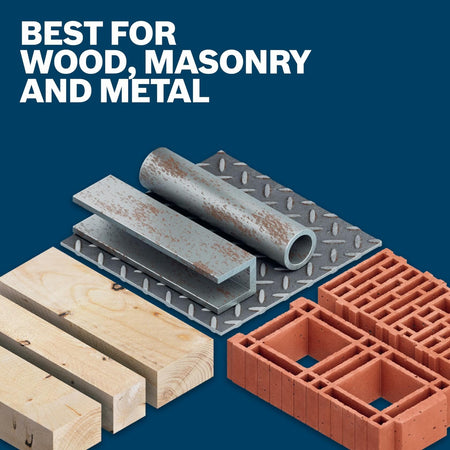 A graphic illustrating the types of materials the bits are best used for: lumber for wood, metal channel and checker plate for metal, and cellular bricks for masonry.