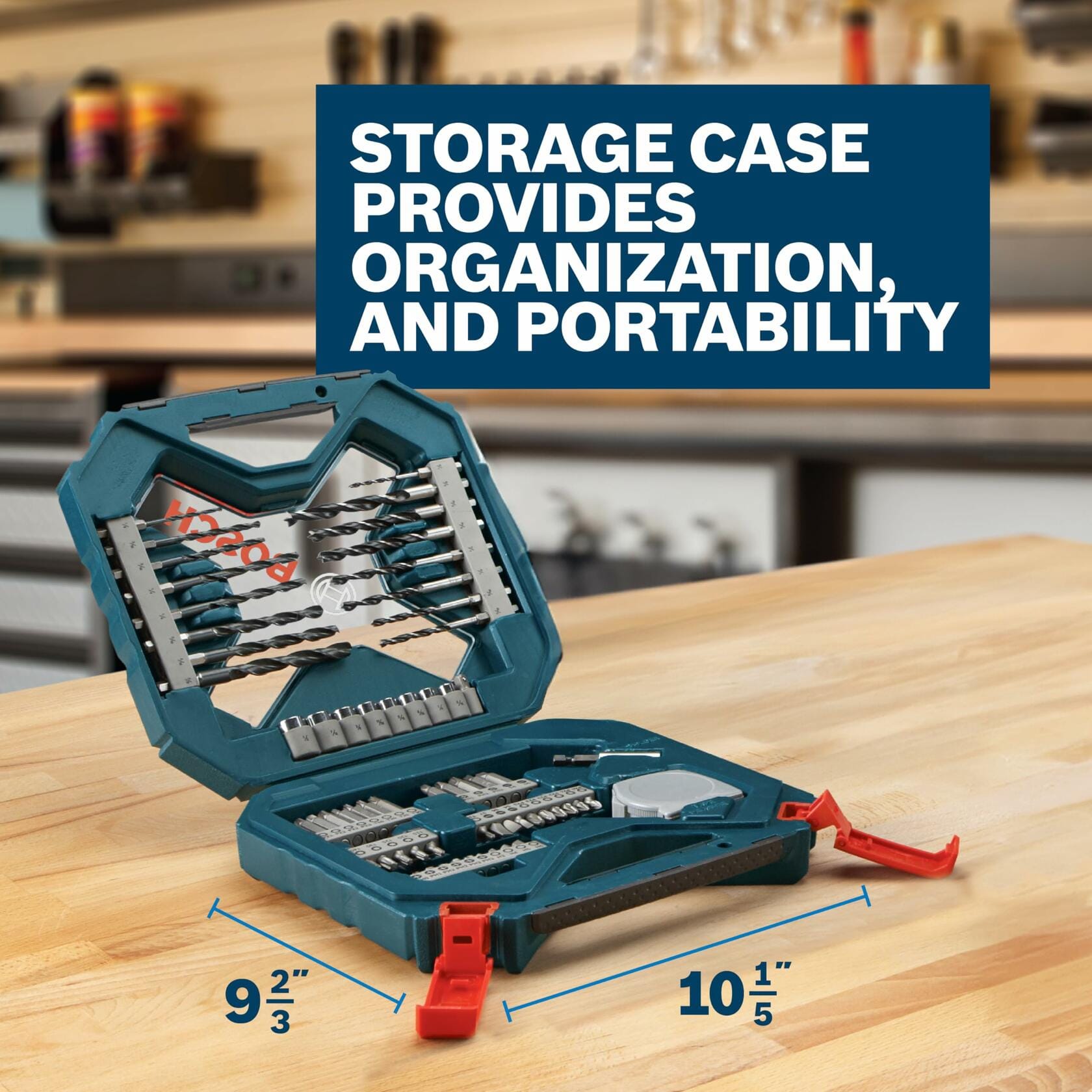 The BOSCH bit set case open on a workbench, showing its dimensions and highlighting the feature of storage, organization, and portability.