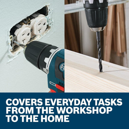 A split image showing the kit covering everyday tasks, with one side showing a driver bit fastening a screw in an electrical outlet, and the other showing a drill bit penetrating wood.