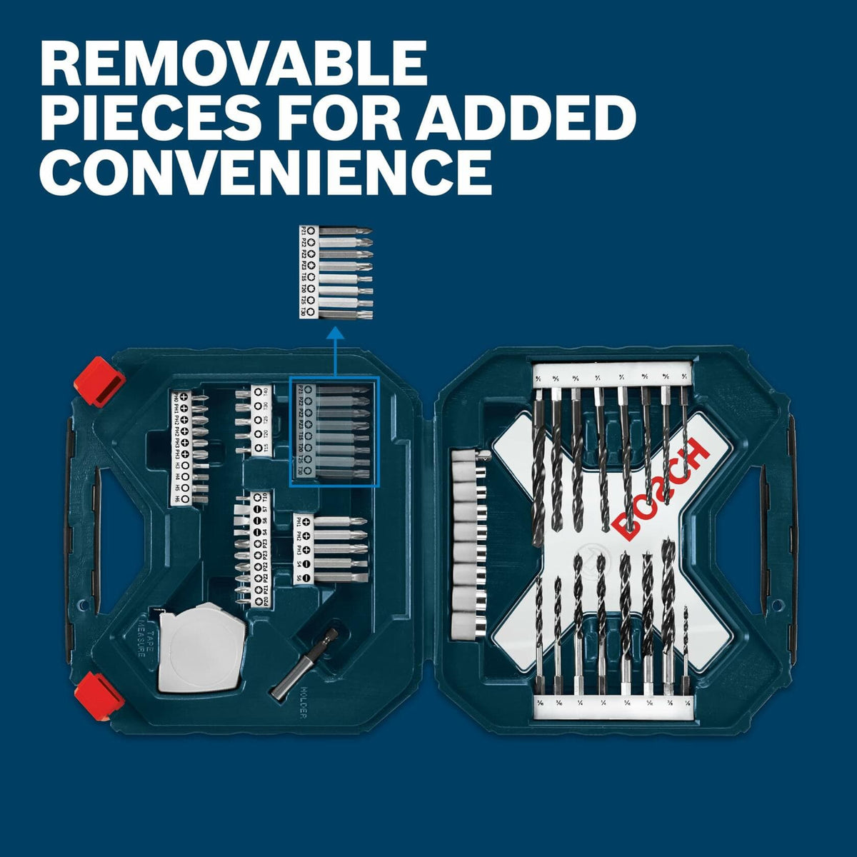 An overhead view of the open BOSCH bit set case, highlighting the feature of removable bit holders for added convenience.