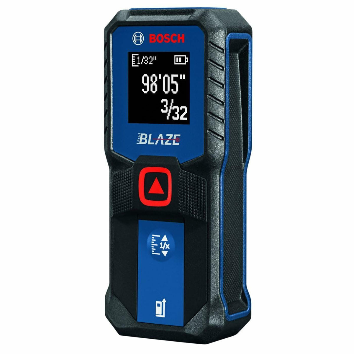 Front view of the BOSCH BLAZE laser measure display screen showing a measurement of 98 feet, 5 and 3/32 inches, demonstrating the measurement rounding function.