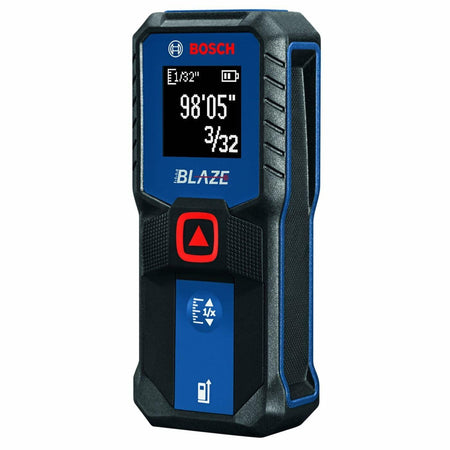 Front view of the BOSCH BLAZE laser measure display screen showing a measurement of 98 feet, 5 and 3/32 inches, demonstrating the measurement rounding function.
