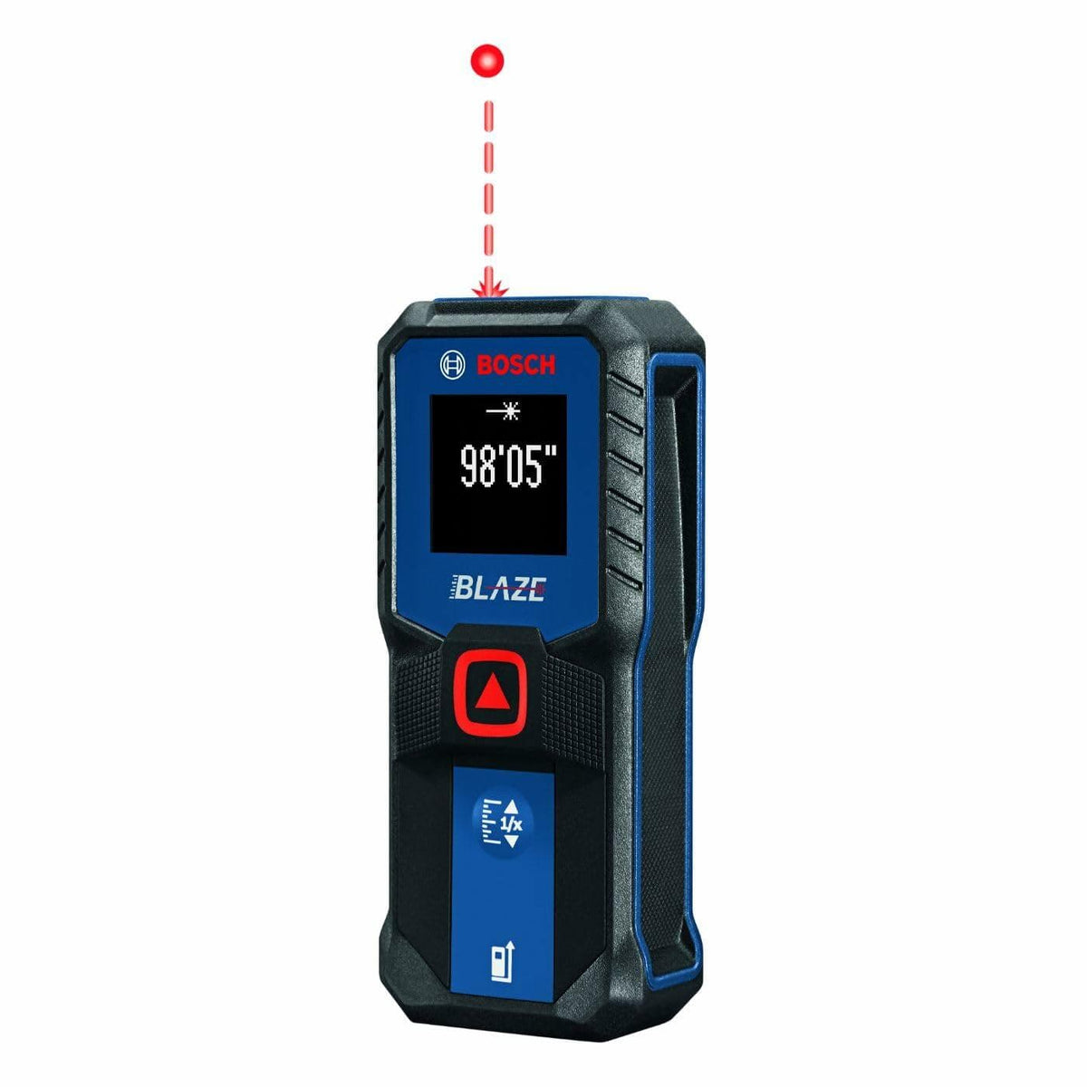 Front view of the BOSCH BLAZE laser measure showing an active laser beam projecting upward from the device with a measured distance of 98 feet, 5 inches displayed on the screen.
