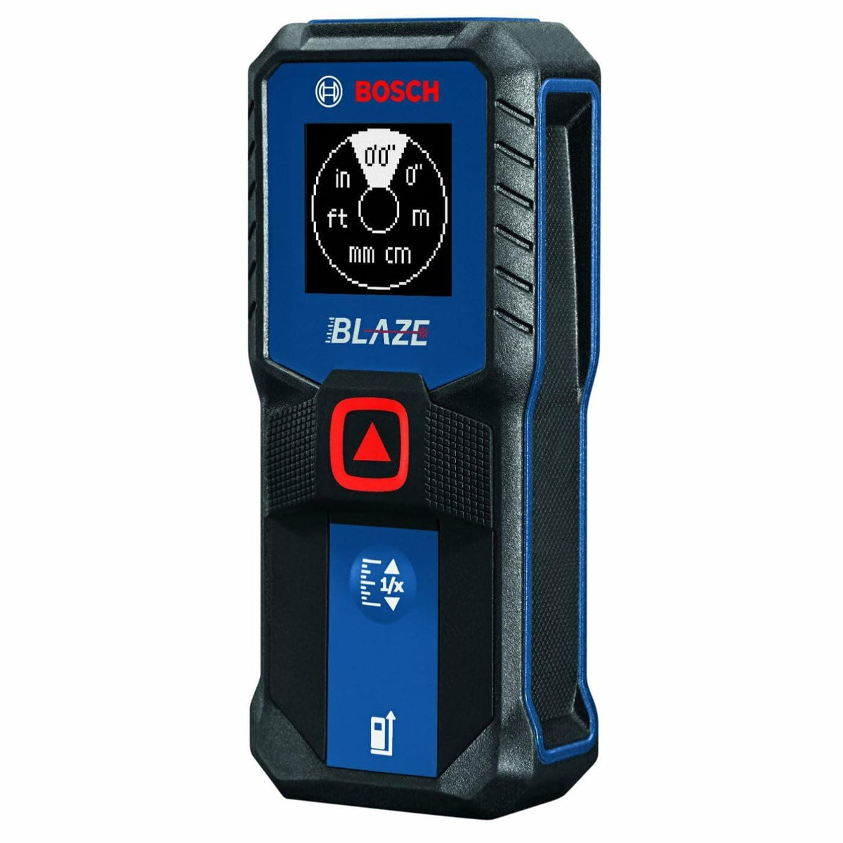 Front view of the BOSCH BLAZE laser measure display screen showing the unit selection screen with options for inches, feet, meters, millimeters, and centimeters.