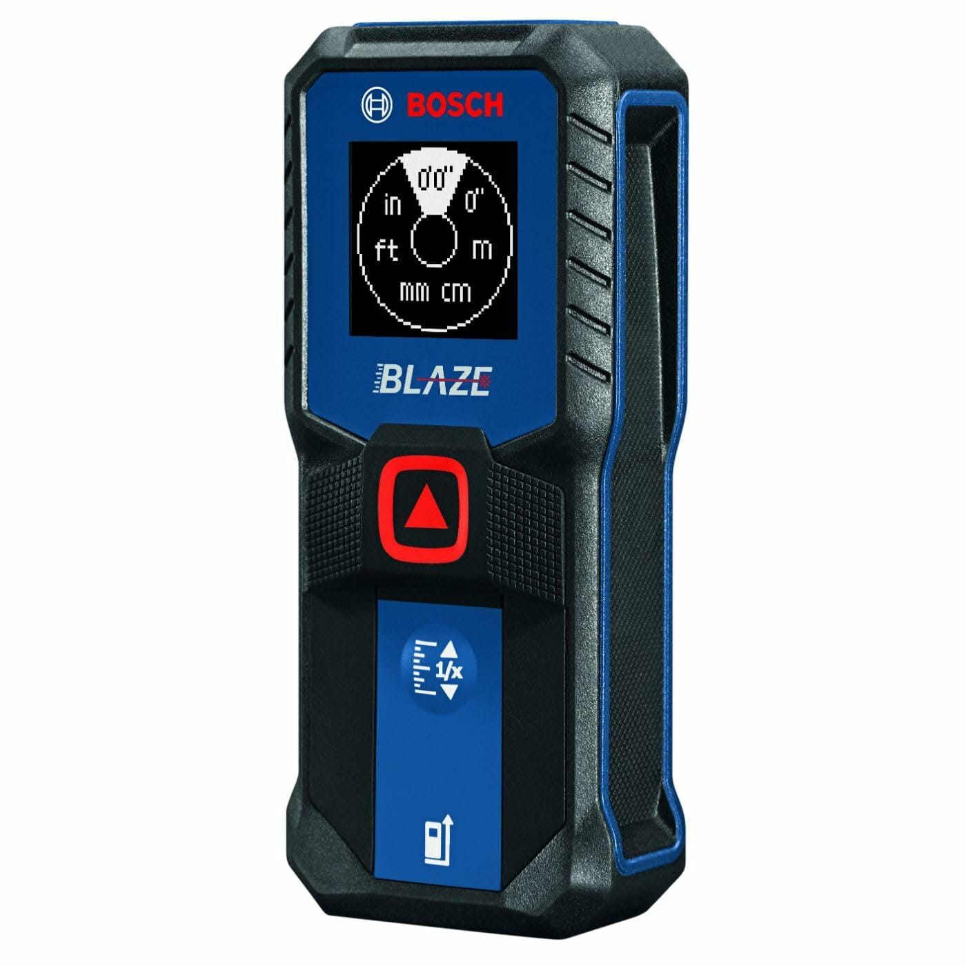 Front view of the BOSCH BLAZE laser measure display screen showing the unit selection screen with options for inches, feet, meters, millimeters, and centimeters.