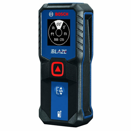 Front view of the BOSCH BLAZE laser measure display screen showing the unit selection screen with options for inches, feet, meters, millimeters, and centimeters.