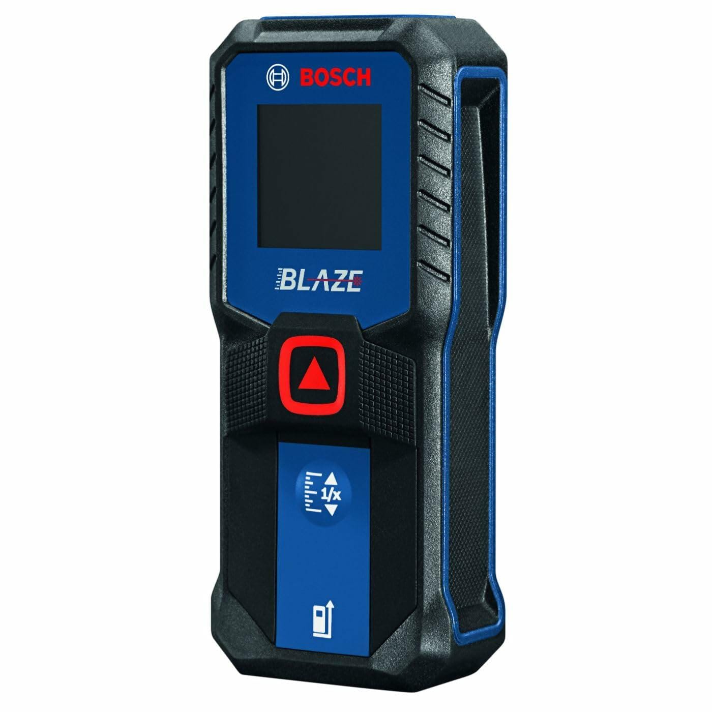 Front view of the BOSCH BLAZE laser measure, powered off, showing the red measurement button and the rounding/power button on the blue and black body.