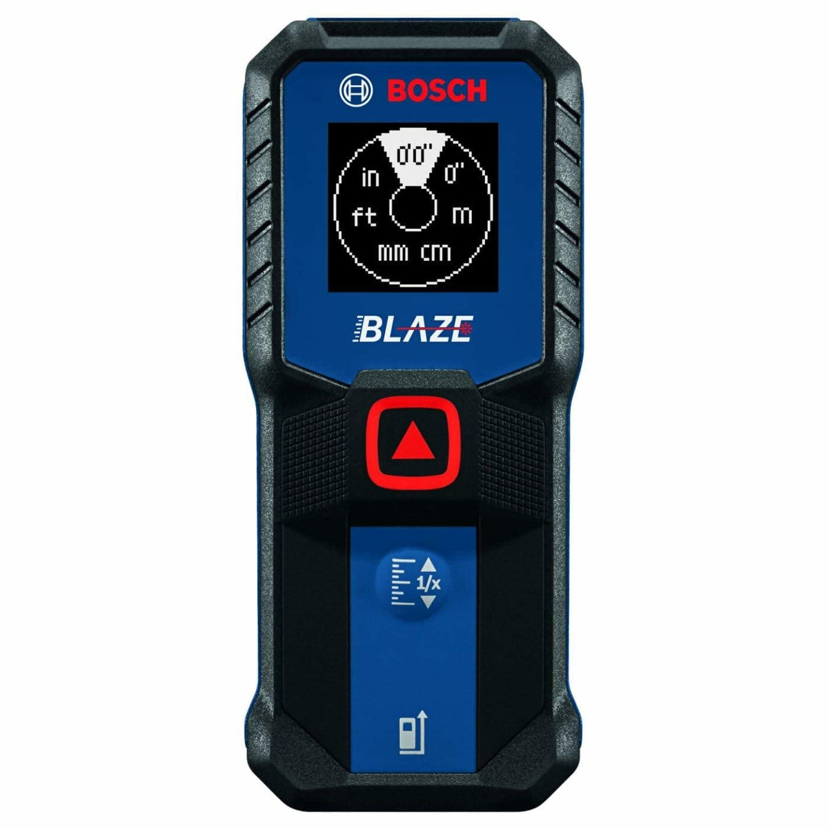 Front view of the BOSCH BLAZE laser measure display screen showing the unit selection screen with options for inches, feet, meters, millimeters, and centimeters.