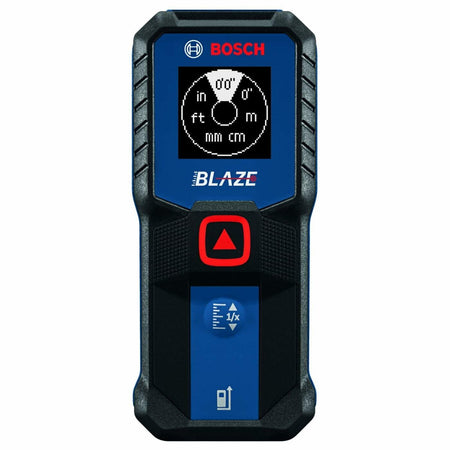 Front view of the BOSCH BLAZE laser measure display screen showing the unit selection screen with options for inches, feet, meters, millimeters, and centimeters.
