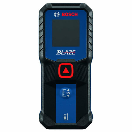 Front view of the BOSCH BLAZE laser measure, powered off, showing the blue and black body and the two control buttons.