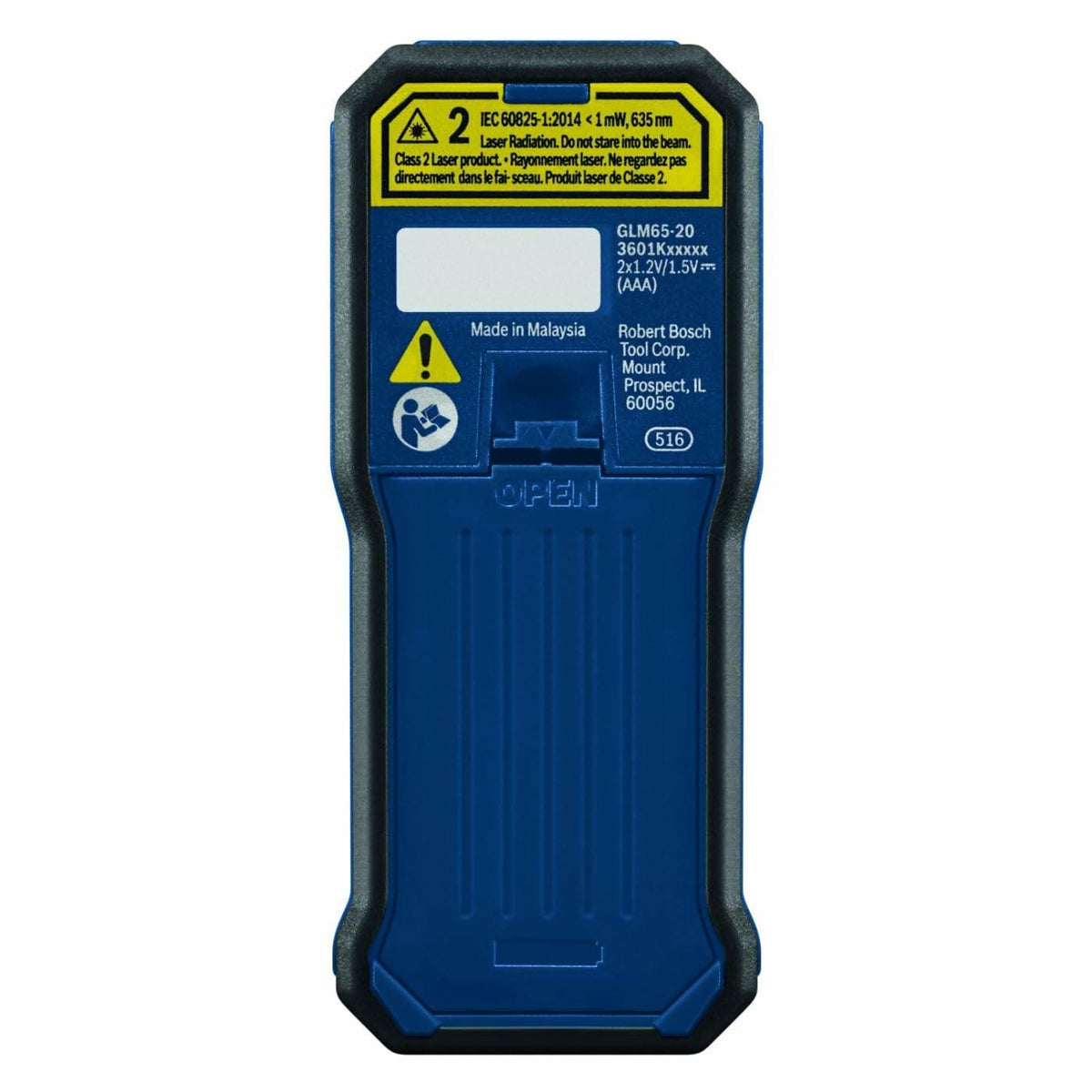 Back view of the BOSCH BLAZE laser measure, showing the blue battery door and the yellow warning label for Class 2 laser radiation.