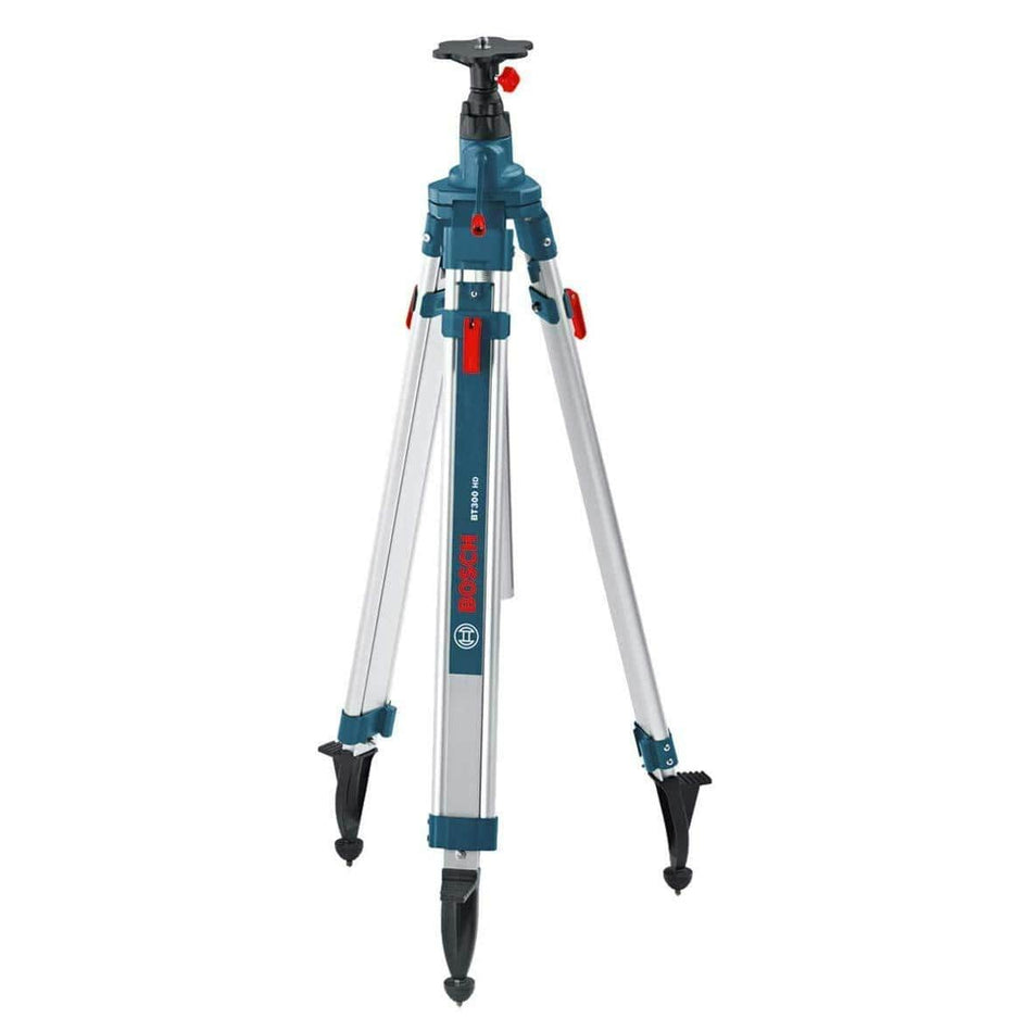 Full view of Bosch BT300HD heavy-duty aluminum tripod with extended legs and central crank column. The Bosch logo and model number are visible on one leg. Designed for mounting rotary lasers and optical levels up to 110 inches high.