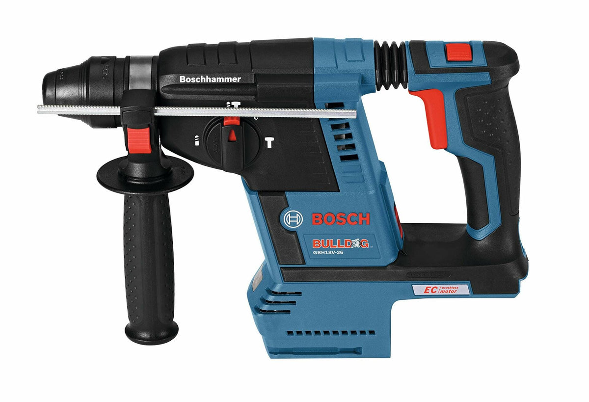Bosch GBH18V-26 Bulldog rotary hammer drill with side handle, depth gauge, and SDS-plus chuck. Branding includes “Boschhammer,” “BULLDOG,” “GBH18V-26,” and “EC Motor.” Cordless design with battery compartment visible.