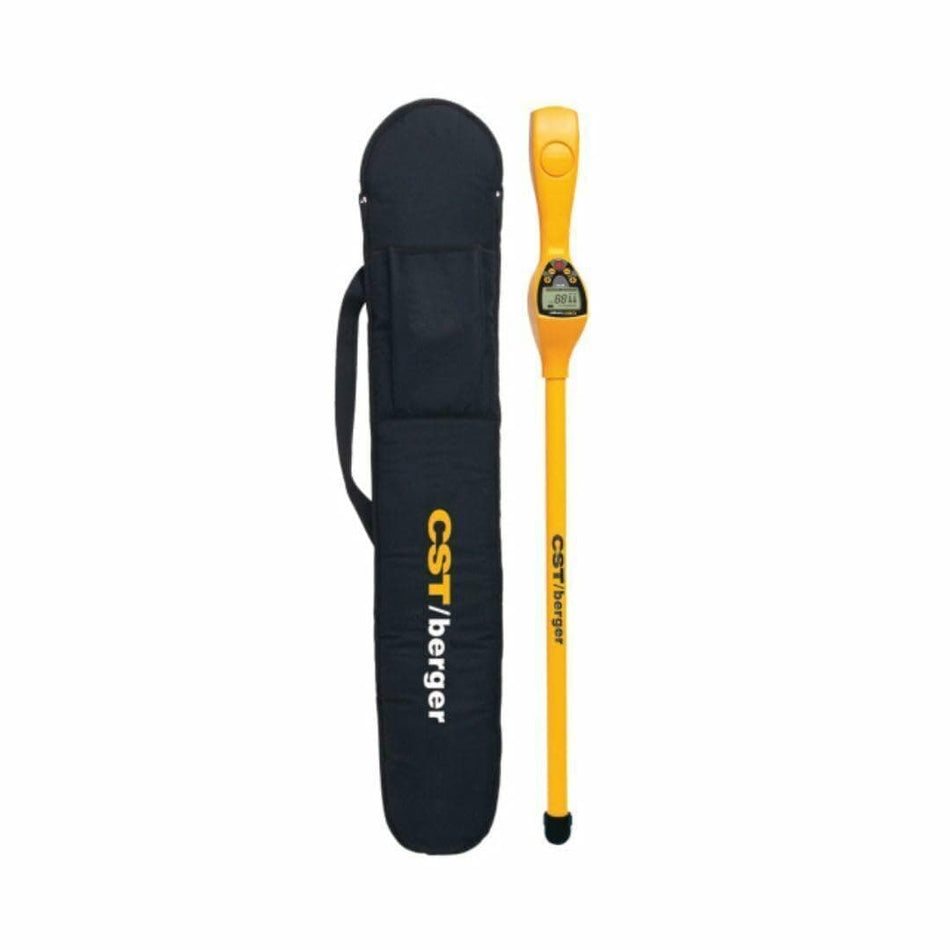 CST/berger MagnaTrak 100 magnetic locator shown alongside its black branded carrying case. Locator is yellow with a digital display and control buttons. Case includes a handle and zippered compartment for secure transport of the device.