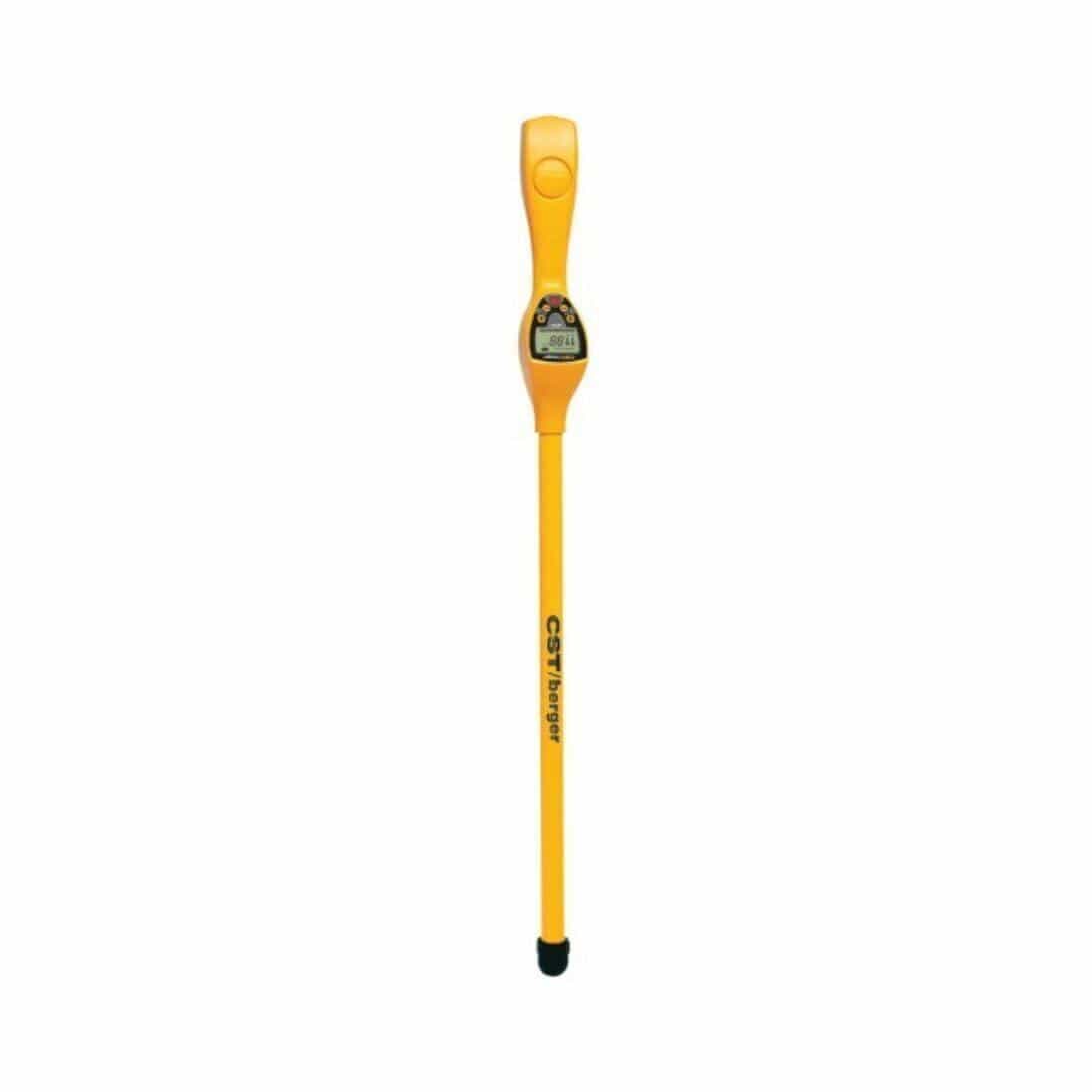Yellow handheld magnetic locator labeled CST/berger. Features a long shaft with grip and digital display near the top. Designed to detect underground ferrous metal objects like pipes or survey markers in construction and utility work.