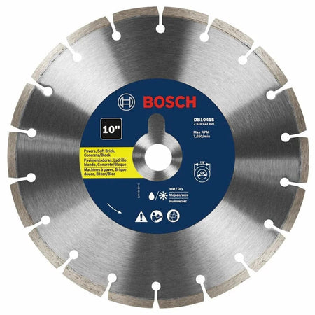 Bosch DB1041S 10-inch segmented diamond blade with labeled specs including 5/8" arbor, 7,640 RPM rating, and wet/dry cutting capability for masonry.