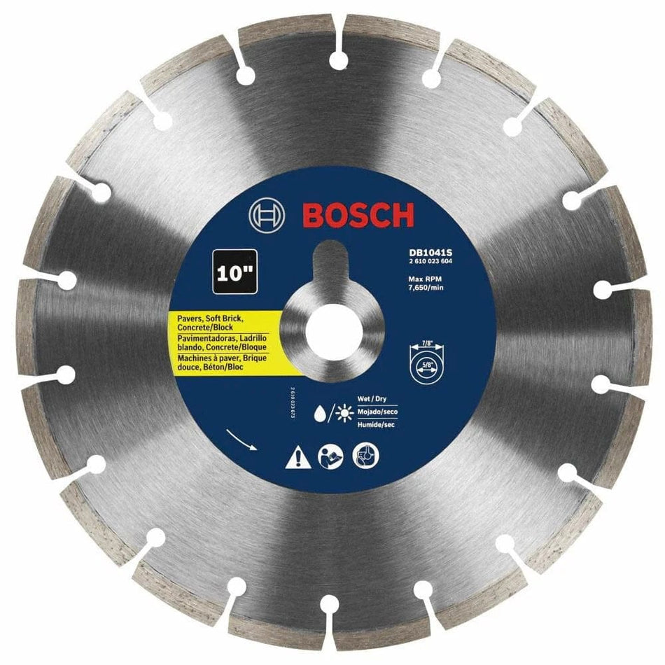 Bosch DB1041S 10-inch segmented diamond blade with labeled specs including 5/8" arbor, 7,640 RPM rating, and wet/dry cutting capability for masonry.