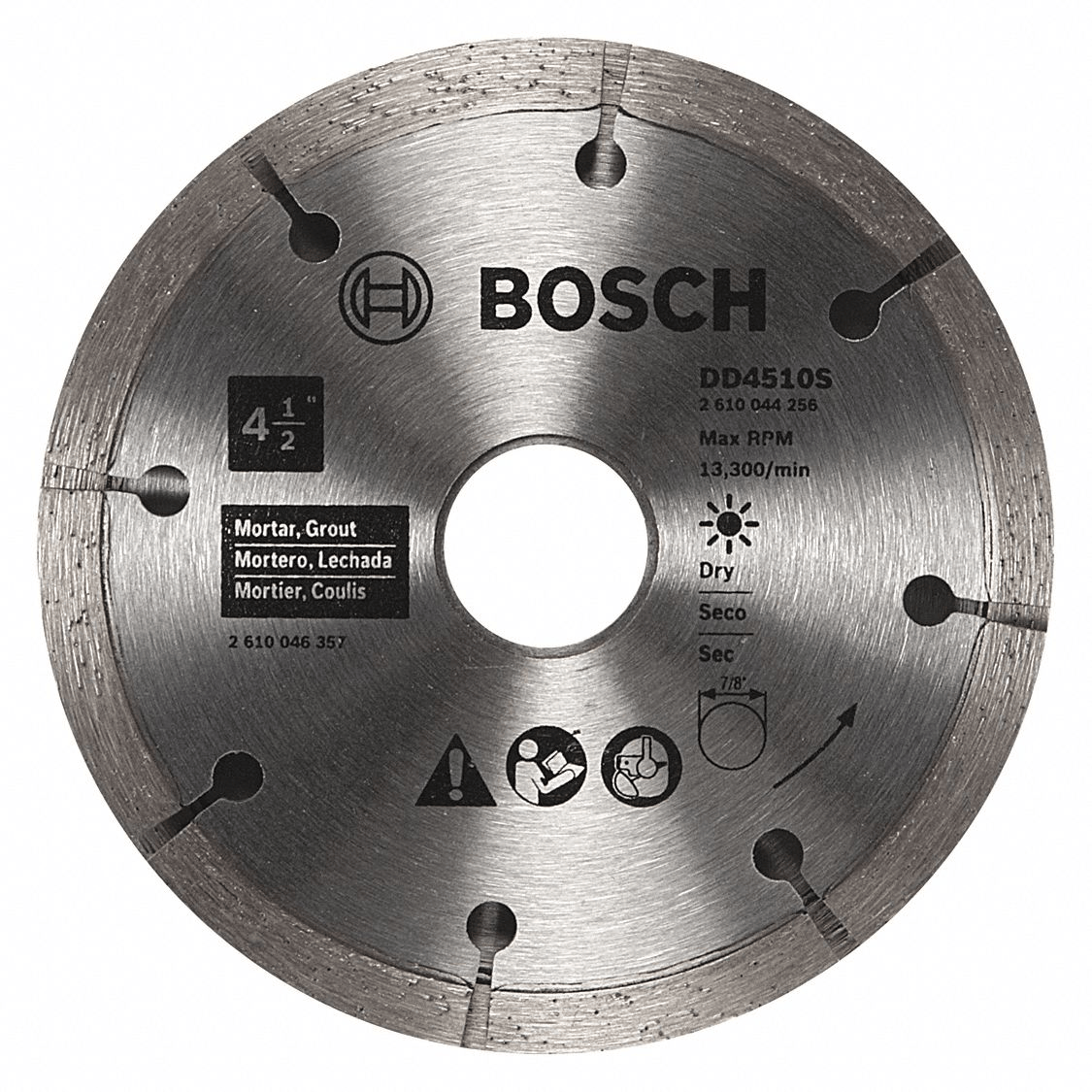 Close-up of a BOSCH DD4510S 4-1/2 inch diamond sandwich tuckpointing blade showing the industrial diamond segments, the 7/8-inch arbor, and safety icons for dry cutting mortar and grout removal.