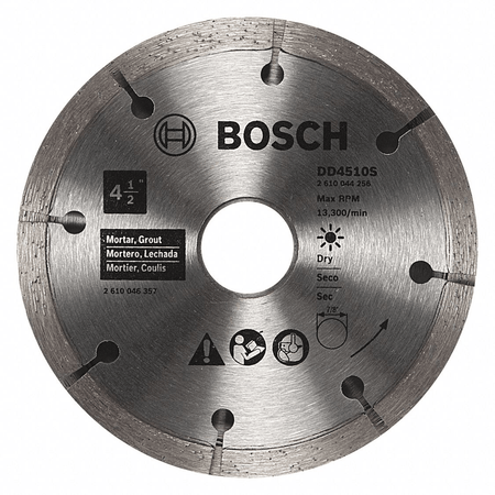 Close-up of a BOSCH DD4510S 4-1/2 inch diamond sandwich tuckpointing blade showing the industrial diamond segments, the 7/8-inch arbor, and safety icons for dry cutting mortar and grout removal.