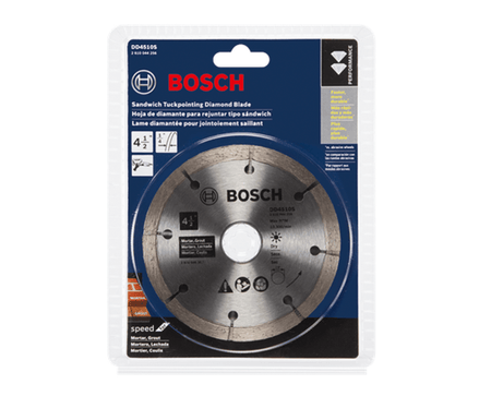 BOSCH DD4510S diamond sandwich tuckpointing blade in its original retail packaging, highlighting the 4-1/2 inch diameter, 1/4 inch segment thickness, and its compatibility with small angle grinders for masonry restoration.
