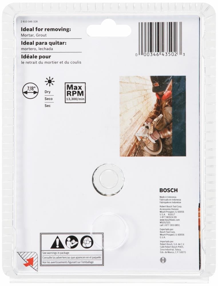 The back of the BOSCH DD4510S retail packaging detailing the 13,300 maximum RPM, dry cutting capability, and 7/8-inch arbor size, alongside a small application image of the blade in use for mortar removal.