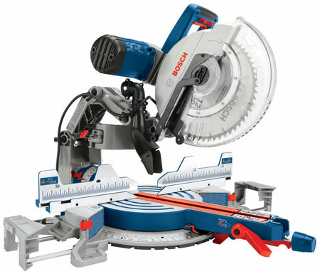 Studio angle view of the Bosch GCM12SD 12-inch dual-bevel glide miter saw showing the 60-tooth blade, clear lower guard, stainless steel miter scale, and the unique axial-glide arm system in the rear