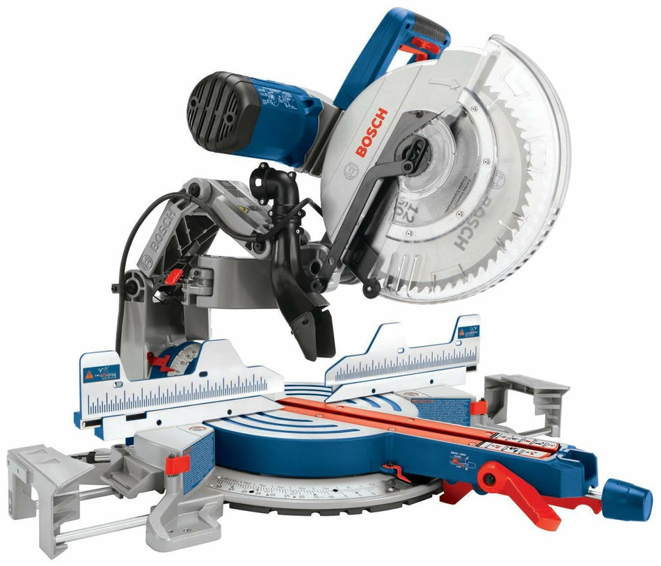 Studio angle view of the Bosch GCM12SD 12-inch dual-bevel glide miter saw showing the 60-tooth blade, clear lower guard, stainless steel miter scale, and the unique axial-glide arm system in the rear