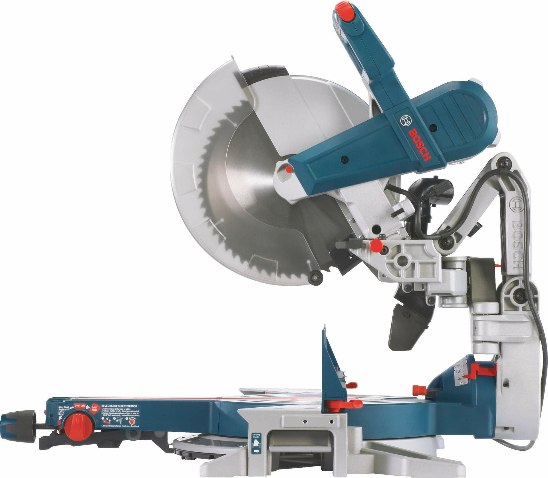 Side profile view of the Bosch glide miter saw with the cutting head raised, displaying the large 12-inch blade, the blue motor housing, the ergonomic handle, and the upfront bevel controls