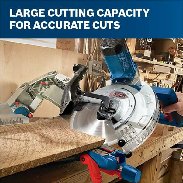 Action shot of the miter saw cutting through a wide piece of rough lumber in a workshop setting with text overlay reading Large Cutting Capacity for Accurate Cuts