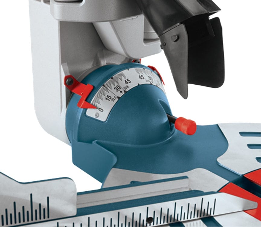 Close-up view of the high-visibility dual-bevel scale with red pointers indicating the specific angle setting for precise bevel adjustments