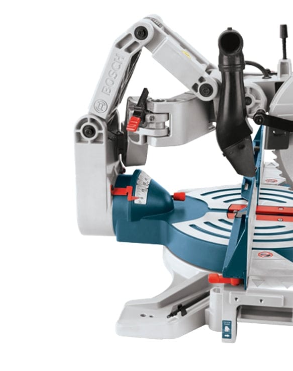 Close-up detailed view of the patented Axial-Glide articulating arm system on the back of the saw, showing the hinged cast aluminum construction and dust collection port