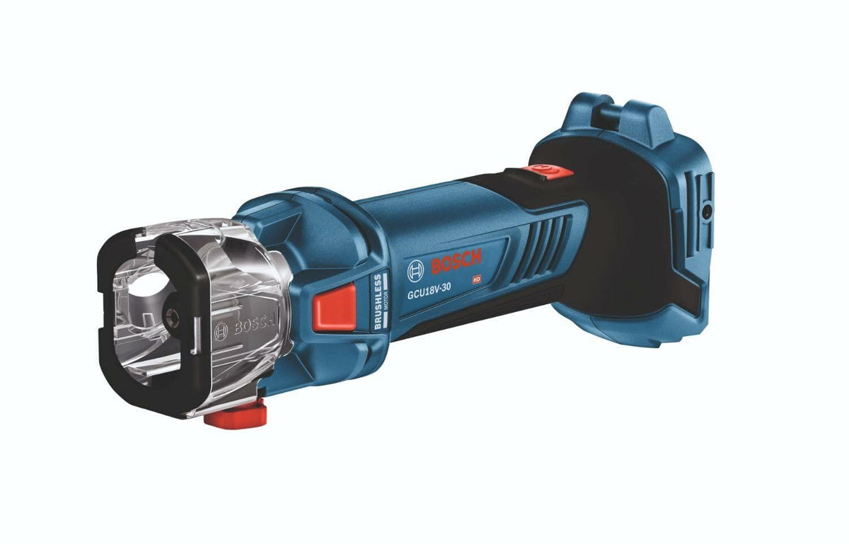 Bosch GCU18V-30 cordless rotary tool with clear protective guard, red power button, and textured grip. Compact design supports precision cutting, grinding, and sanding. Battery-powered for portable use in construction tasks.