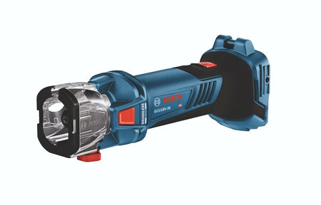Bosch GCU18V-30 cordless rotary tool with clear protective guard, red power button, and textured grip. Compact design supports precision cutting, grinding, and sanding. Battery-powered for portable use in construction tasks.