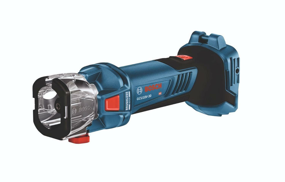Bosch GCU18V-30 cordless rotary tool with clear protective guard, red power button, and textured grip. Compact design supports precision cutting, grinding, and sanding. Battery-powered for portable use in construction tasks.
