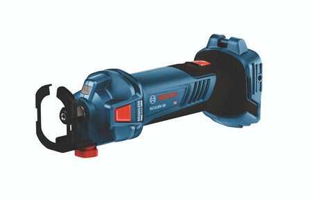 Bosch GCU18V-30 cordless cut-out tool with compact design, red power button, and protective guard around the cutting bit. Rear battery compartment supports rechargeable operation. Used for precision drywall cutting.