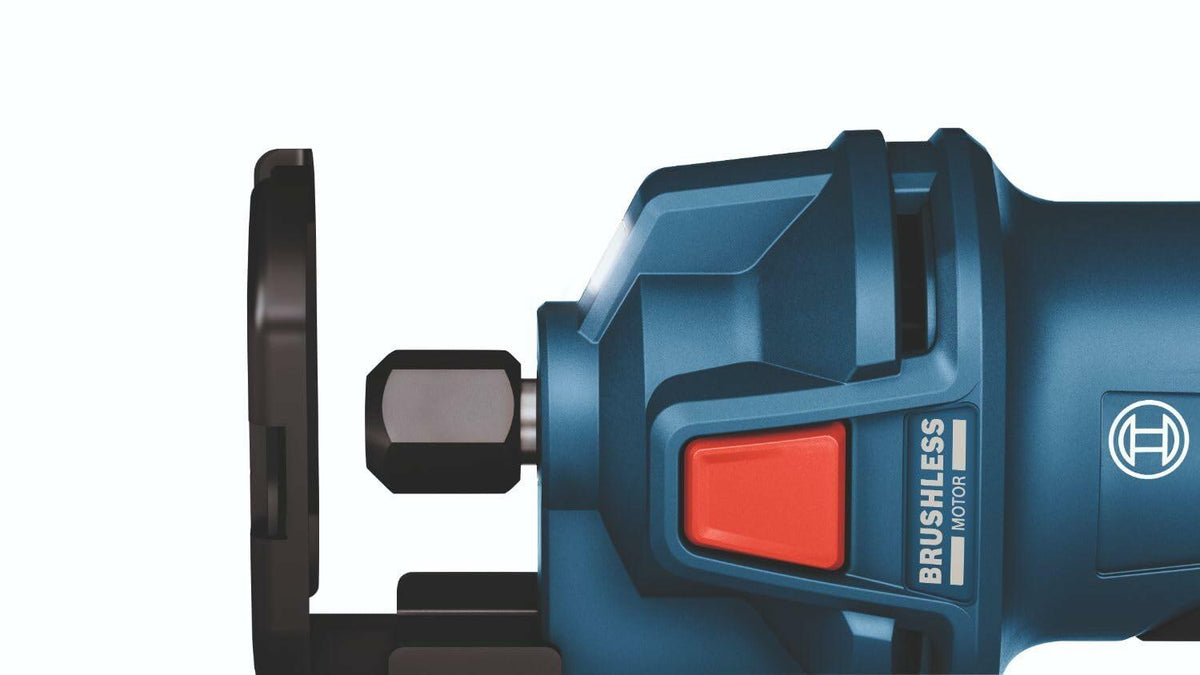 Close-up of Bosch brushless motor rotary tool showing the front collet and protective guard. The blue body features a red button and branding, highlighting its efficient brushless motor technology for cutting and grinding tasks.