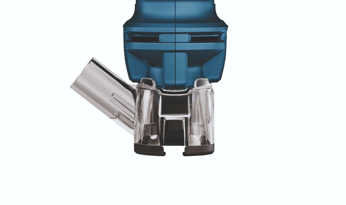 Close-up of Bosch GCU18V-30N drywall cut-out tool showing the dust collection chamber and nozzle attachment. The transparent lower section captures debris, while the silver nozzle directs dust into the chamber. Designed for clean, efficient cutting in drywall applications.