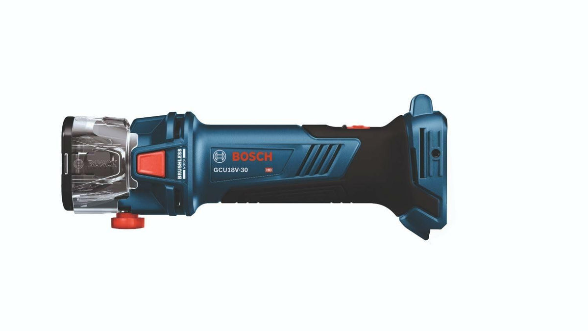 Bosch GCU18V-30 drywall cut-out tool with transparent cutting guard, red adjustment knob, and ergonomic grip. Blue and black body with visible branding and model number. Ideal for professional drywall installation.