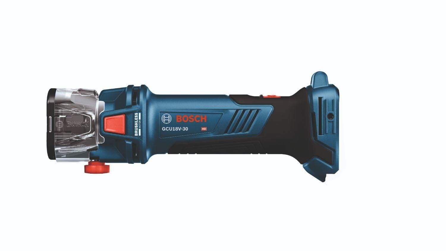 Bosch GCU18V-30 drywall cut-out tool with transparent cutting guard, red adjustment knob, and ergonomic grip. Blue and black body with visible branding and model number. Ideal for professional drywall installation.