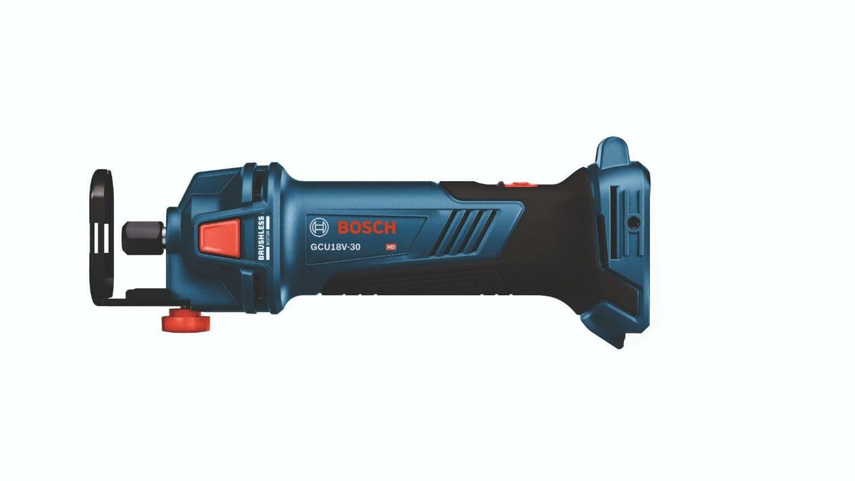 Bosch GCU18V-30 cordless drywall cut-out tool with blue and black body, red accents, and protective guard around the cutting bit. Battery compartment at the rear indicates cordless operation. Designed for precision drywall cutting.