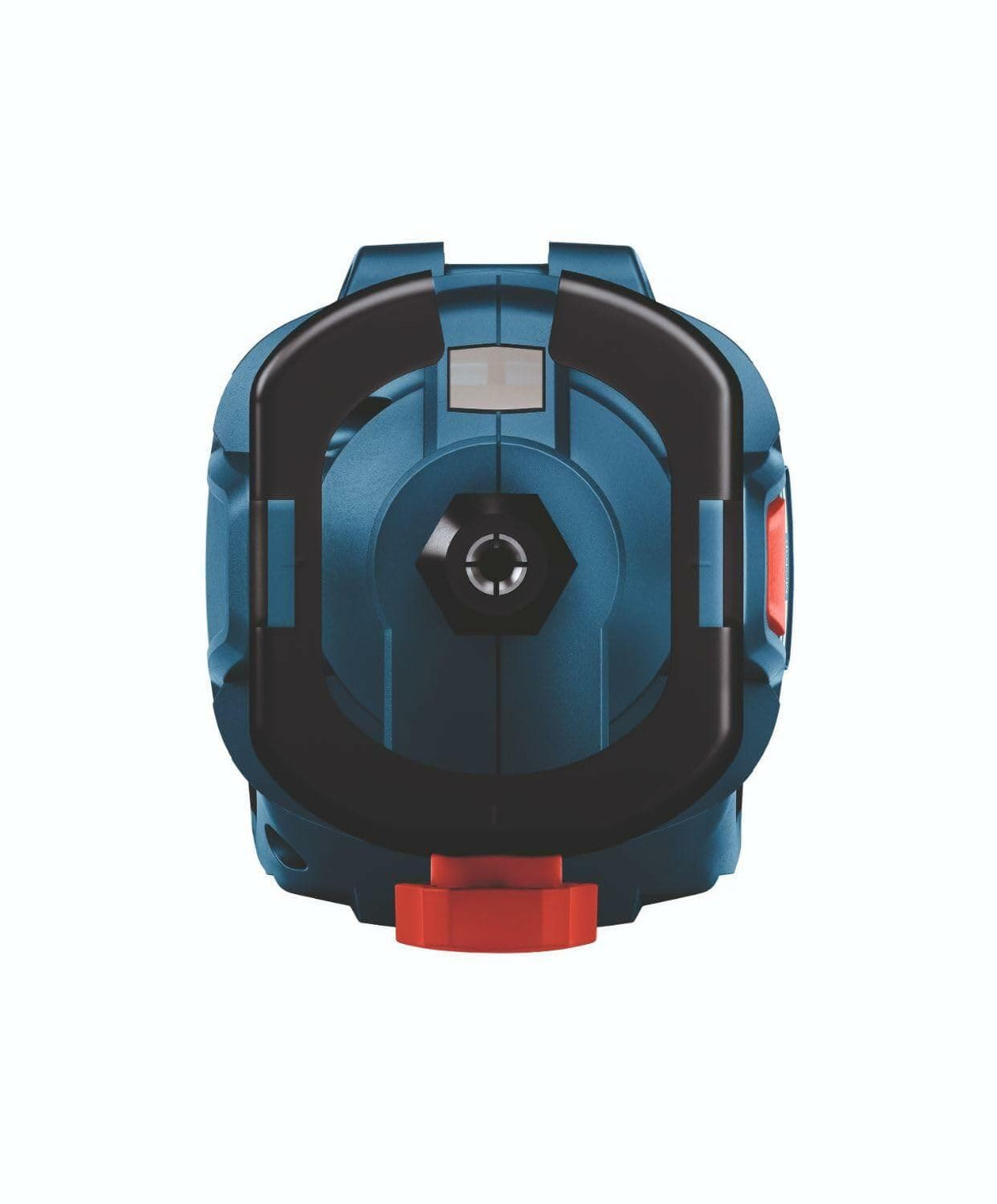 Bosch GCU18V-30N cross-line laser level tool with central lens emitter, protective black frame, and red control button. Designed for accurate leveling and alignment in construction and carpentry projects.