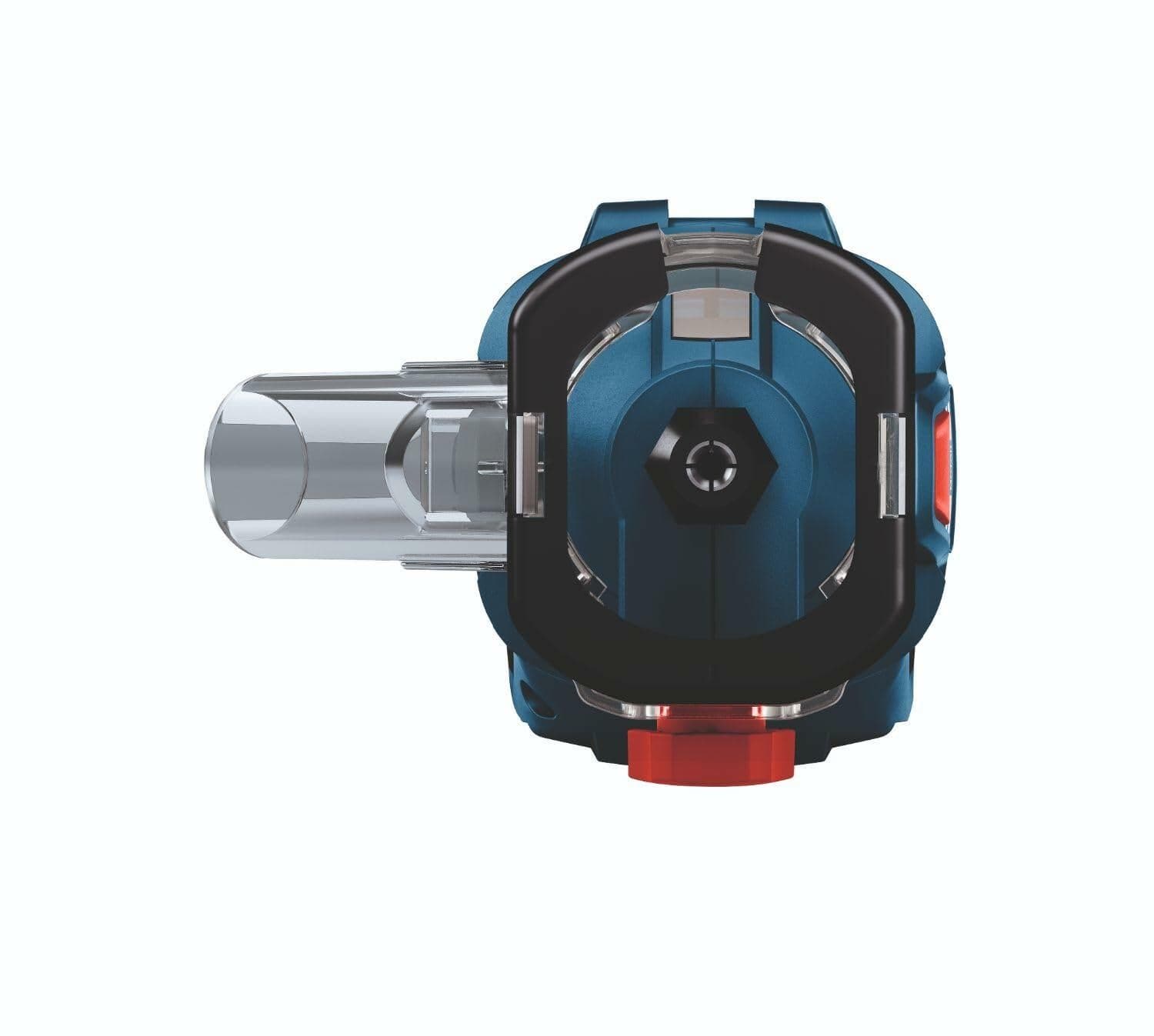 Front view of Bosch GCU18V-30N drywall cut-out tool with cylindrical lens housing and central laser aperture. Features include a red button and ergonomic design for precision cutting and alignment in construction tasks.