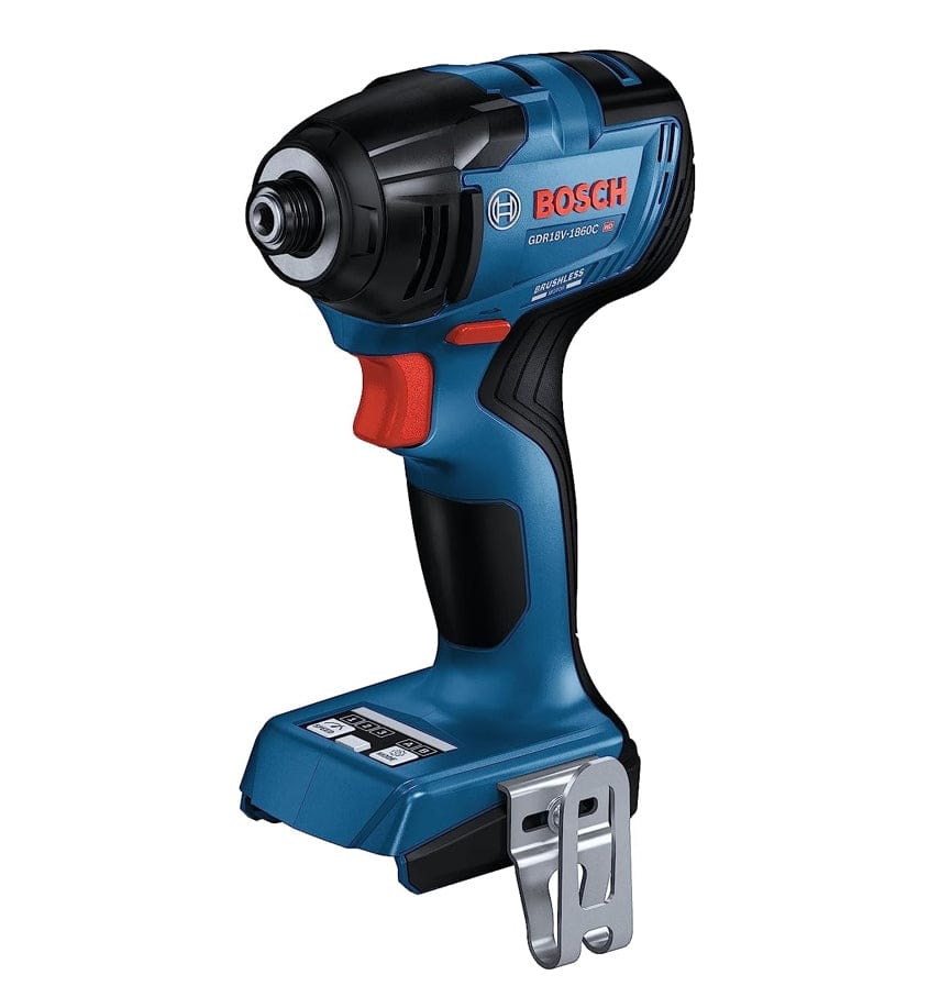 Angled view of the Bosch GDR18V-1860C impact driver with an attached battery, highlighting the activated LED work light shining from the base of the tool towards the hex chuck.