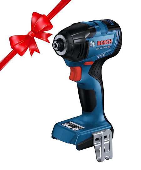 Angled view of the Bosch GDR18V-1860C impact driver with an attached battery, highlighting the activated LED work light shining from the base of the tool towards the hex chuck on a white background with a bow