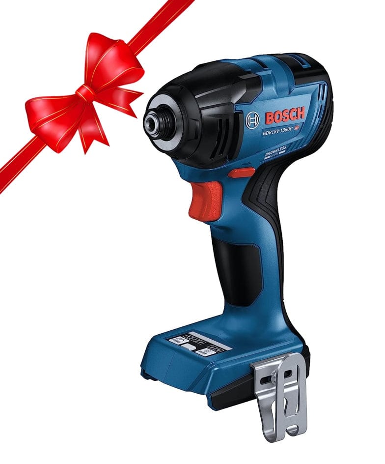 Angled view of the Bosch GDR18V-1860C impact driver with an attached battery, highlighting the activated LED work light shining from the base of the tool towards the hex chuck on a white background with a bow