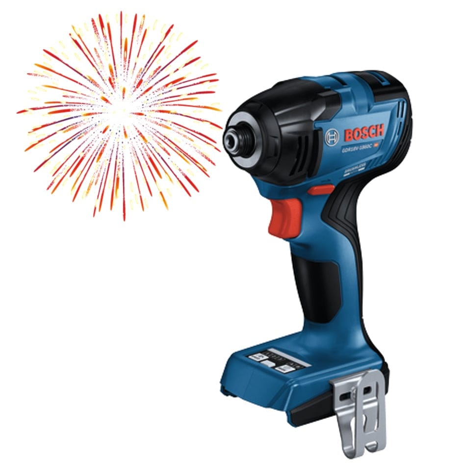 Angled view of the Bosch GDR18V-1860C impact driver with an attached battery, highlighting the activated LED work light shining from the base of the tool towards the hex chuck on a white background with a fireworks starburst in the corner