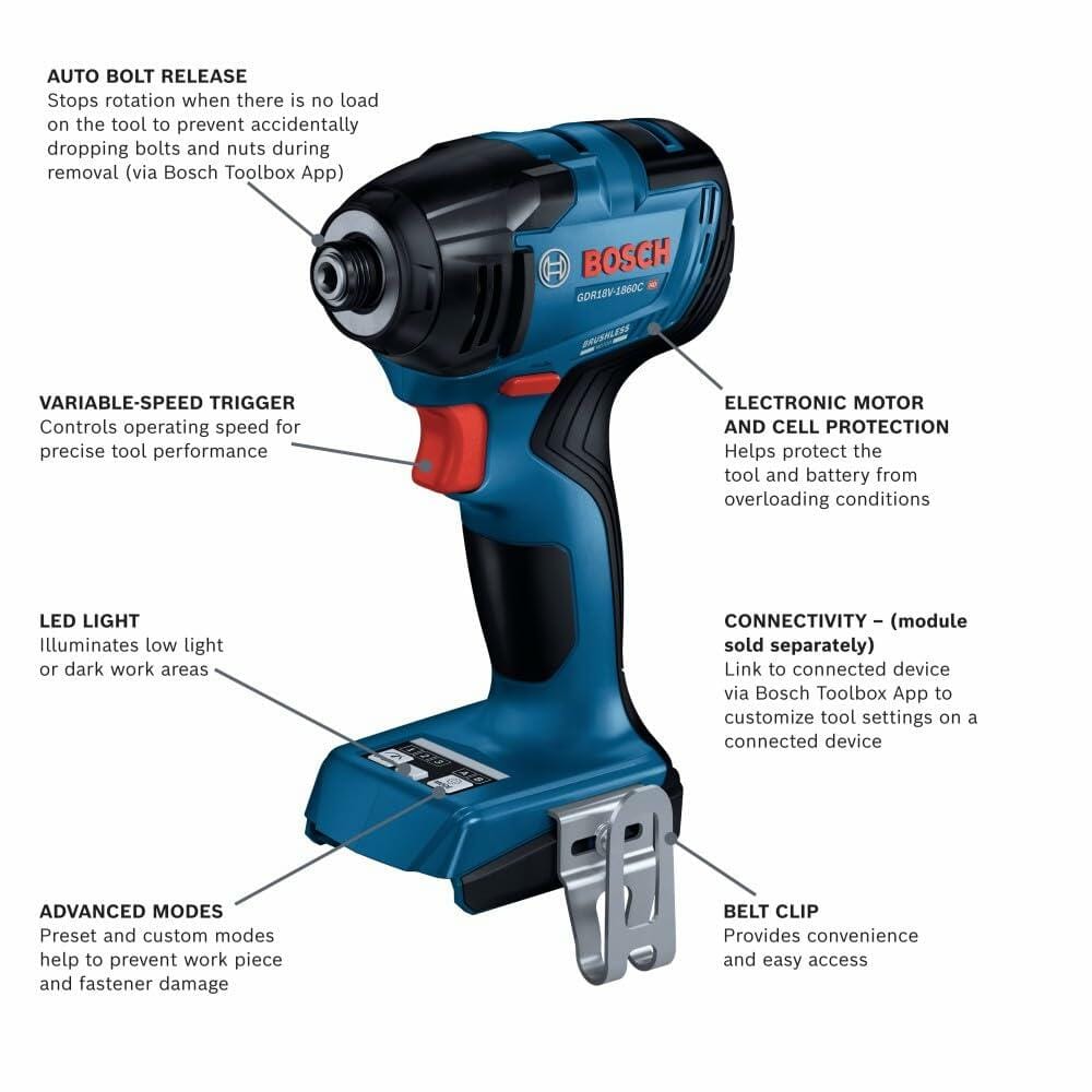 Annotated diagram of the Bosch GDR18V-1860C impact driver, with labels pointing out features such as Auto Bolt Release, variable-speed trigger, LED light, advanced modes, belt clip, connectivity, and electronic motor and cell protection.
