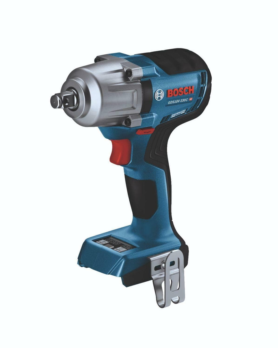 Bosch GDS18V-330CN cordless impact wrench shown from the side, featuring a textured grip, metal front housing, and belt clip. The model number and Bosch branding are clearly visible, emphasizing its professional-grade design.